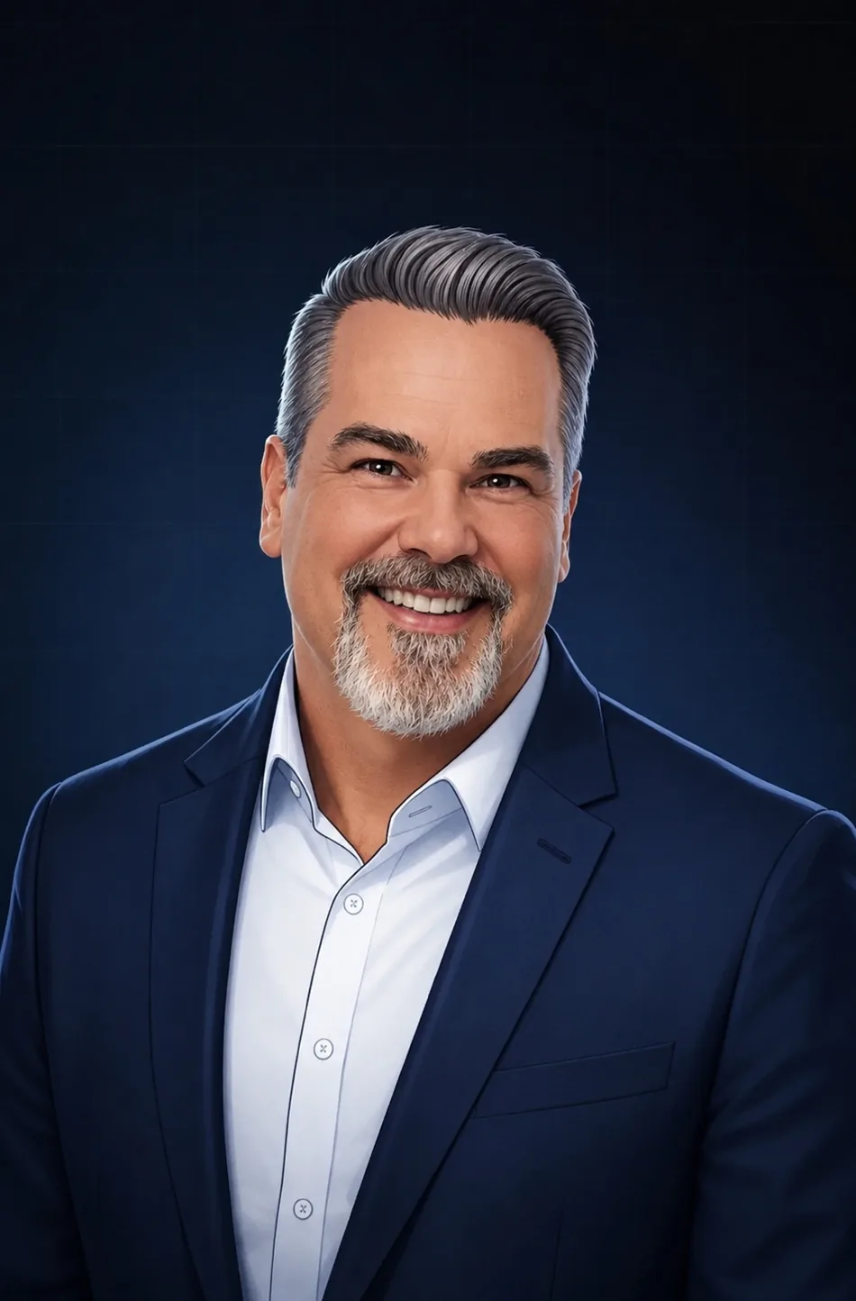 Illustrated portrait of founder Dean Reese in a navy blazer against a dark-blue background